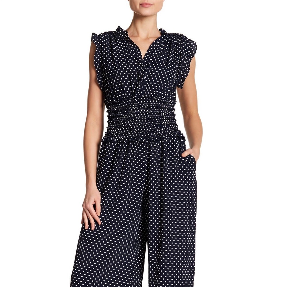 NWT- Polka Dot- V neck smocked jumpsuit. Max Studio. Navy/White